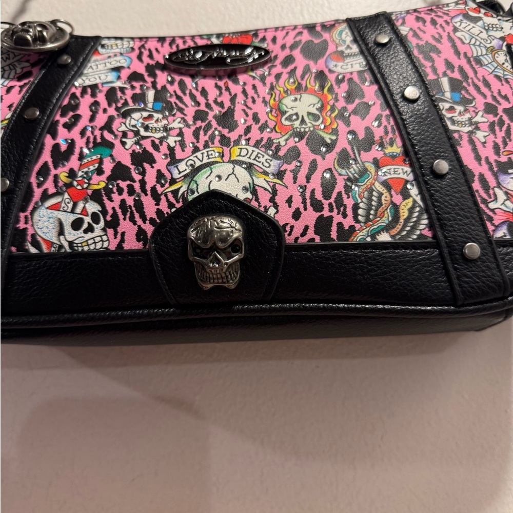 Ed Hardy shoulder crossbody Bag leopard print skull pink NWT - Picture 2 of 7